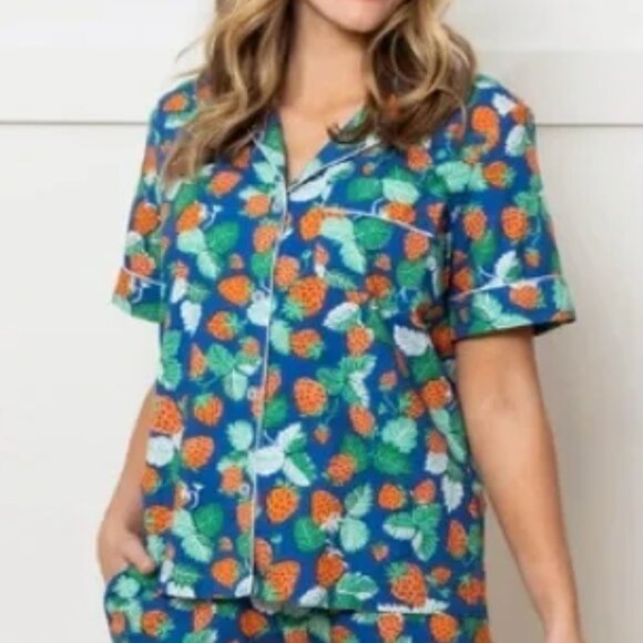 Printfresh Strawberry Fields Pajama Top 2X Button Front Short Sleeve - Picture 1 of 10
